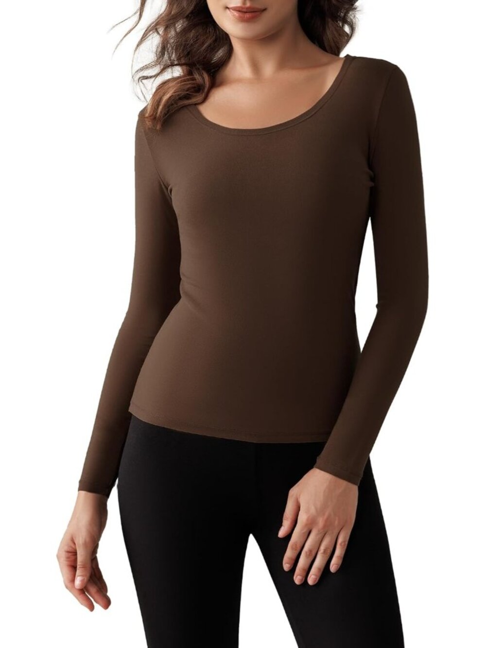Women's Dark Coffee Long Sleeve Scoop Neck Double Fleece Lined Tops T Shirts